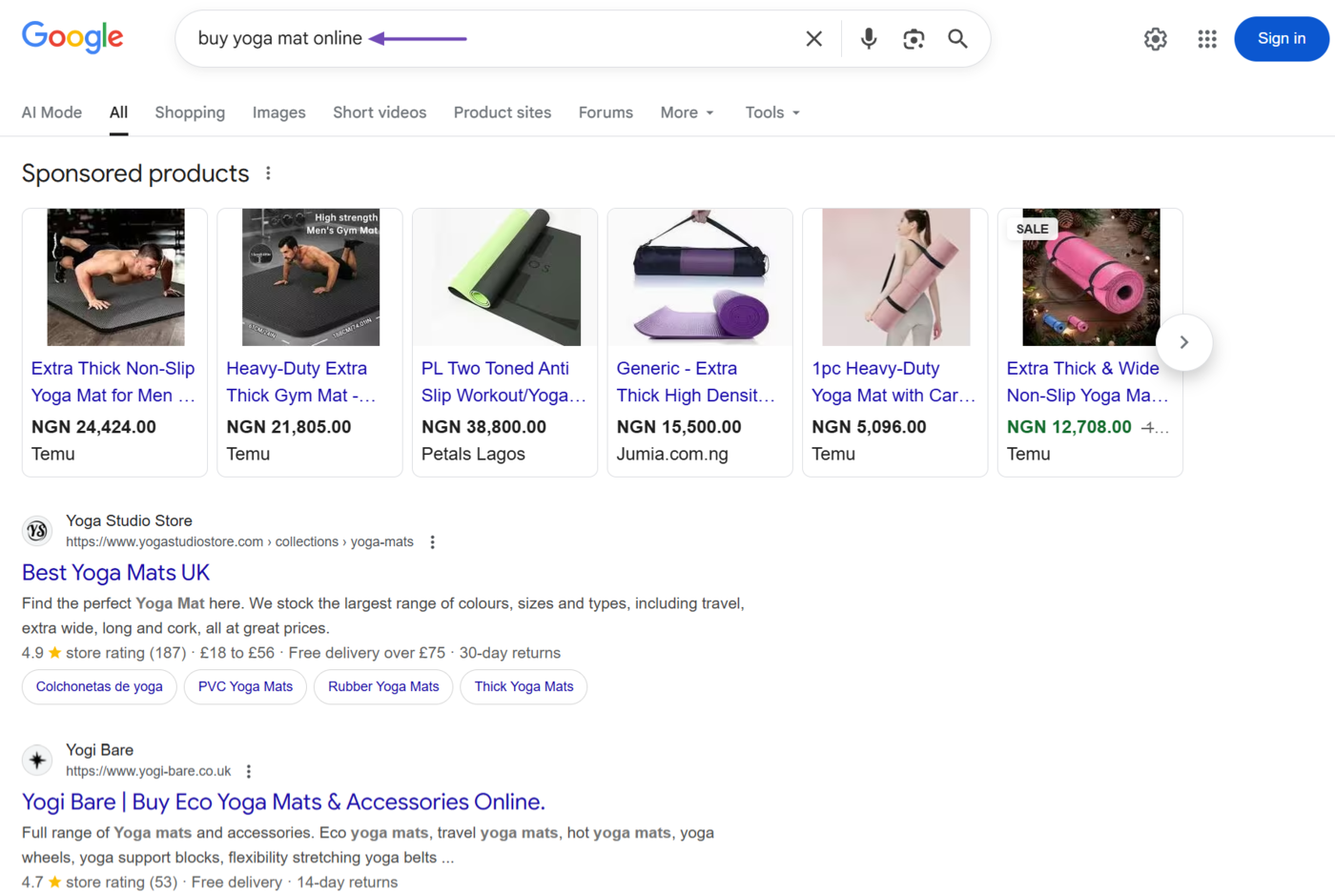 Sample of Google results page for a transactional query