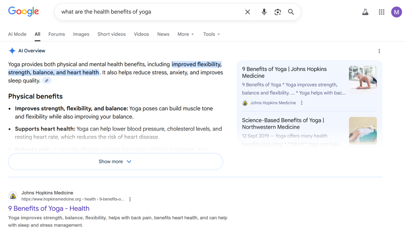 Sample of Google results page for an informational query