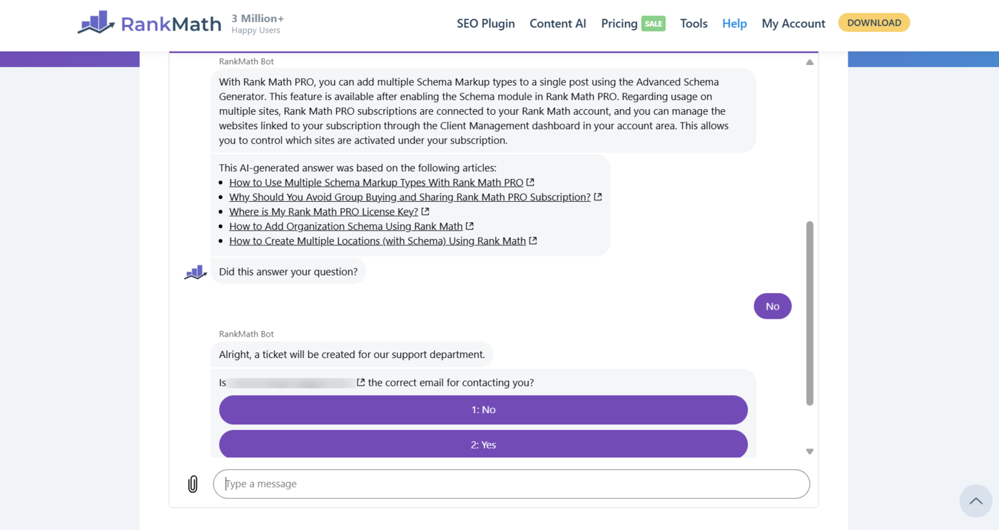 Sample of a chat with Rank Math Support