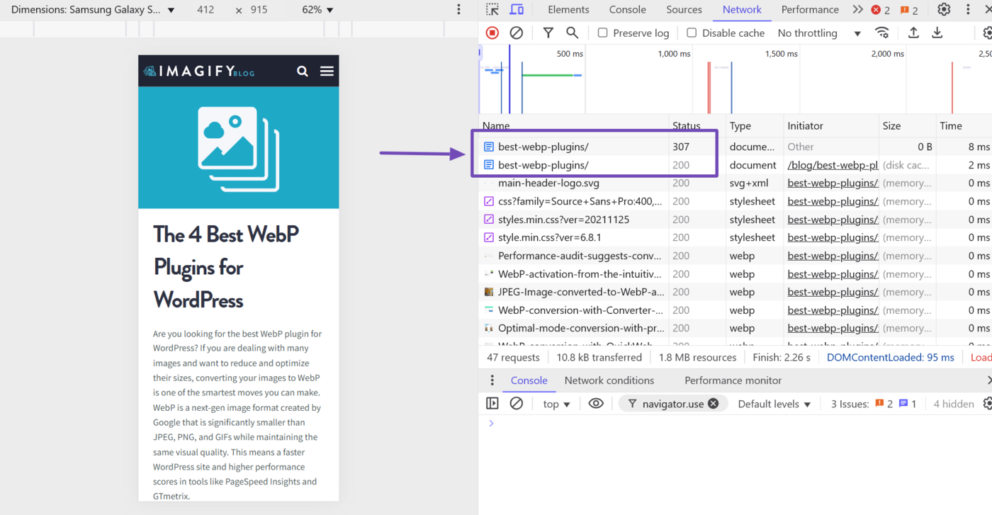 Sample of a redirection that led to a HTTP 200 status code