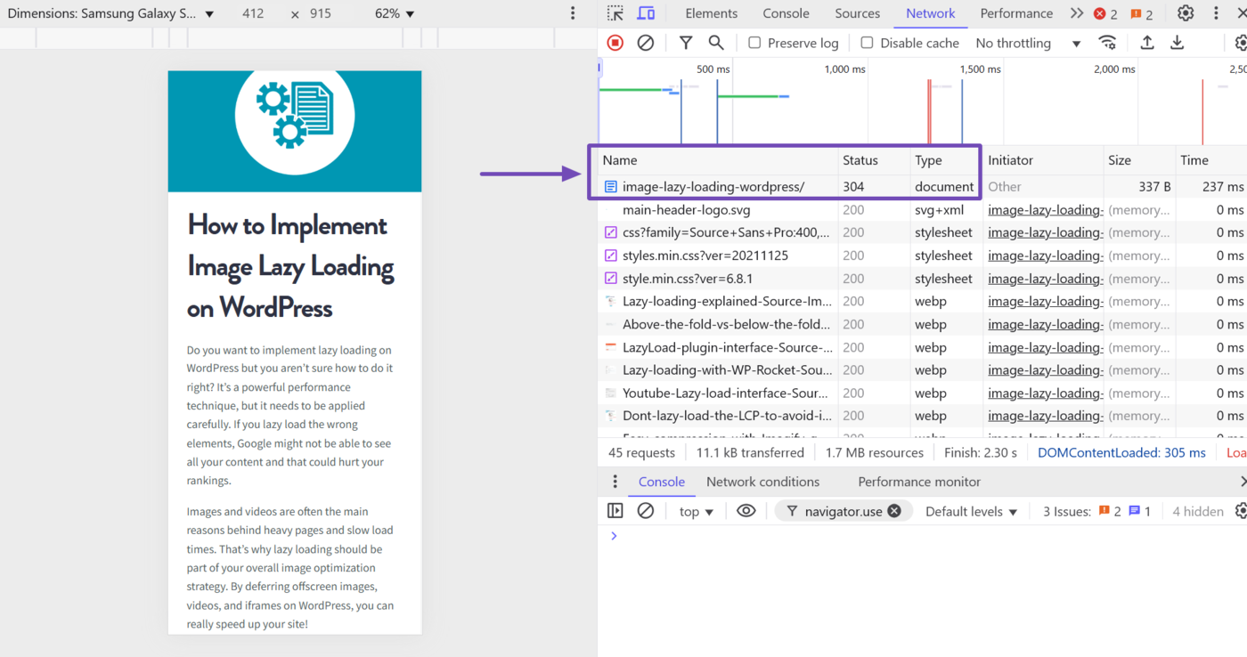 Sample of the 304 Not Modified status code in the Network tab