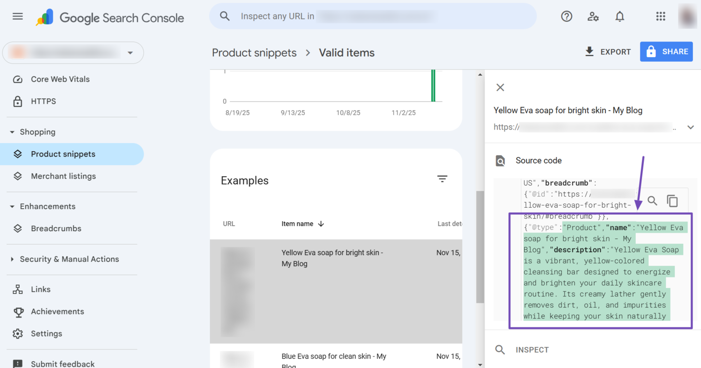 Sample of the product Schema in the sidebar