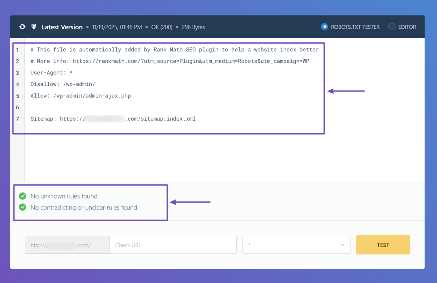 Sample of the robots.txt test results