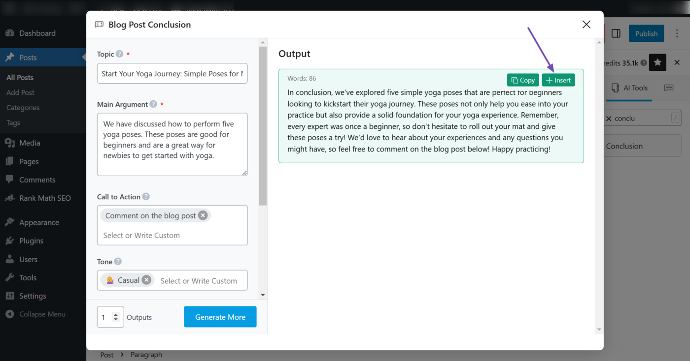 Sample output from the Blog Post Conclusion AI tool