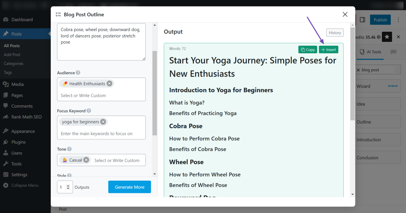Sample output from the Blog Post Idea AI tool