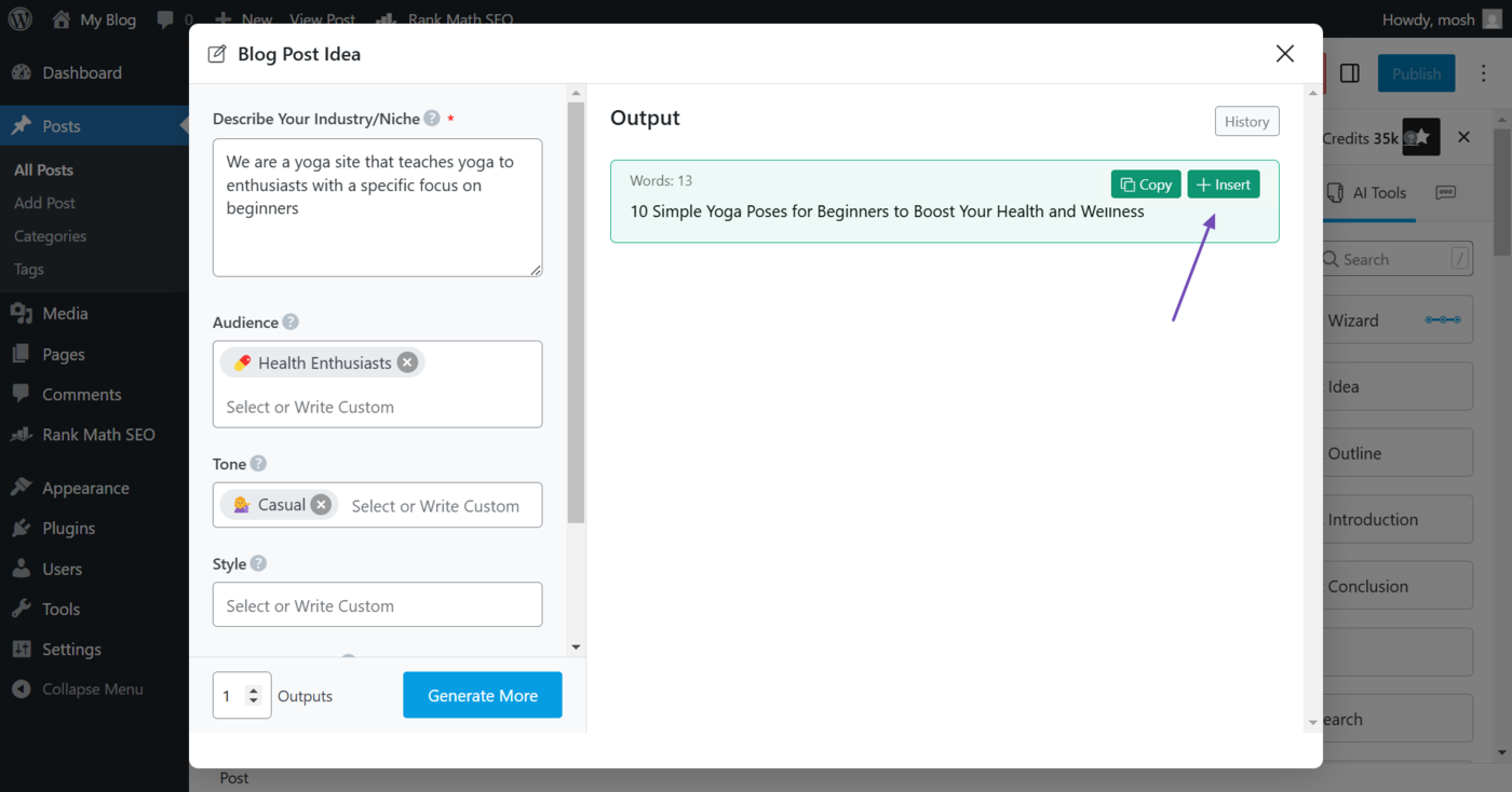 Sample output from the Blog Post Idea AI tool