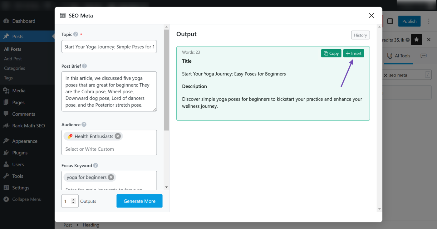 Sample output from the SEO Meta AI tool