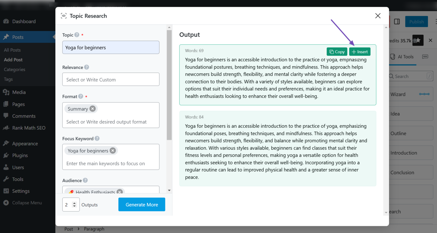 Sample output from the Topic Research AI tool