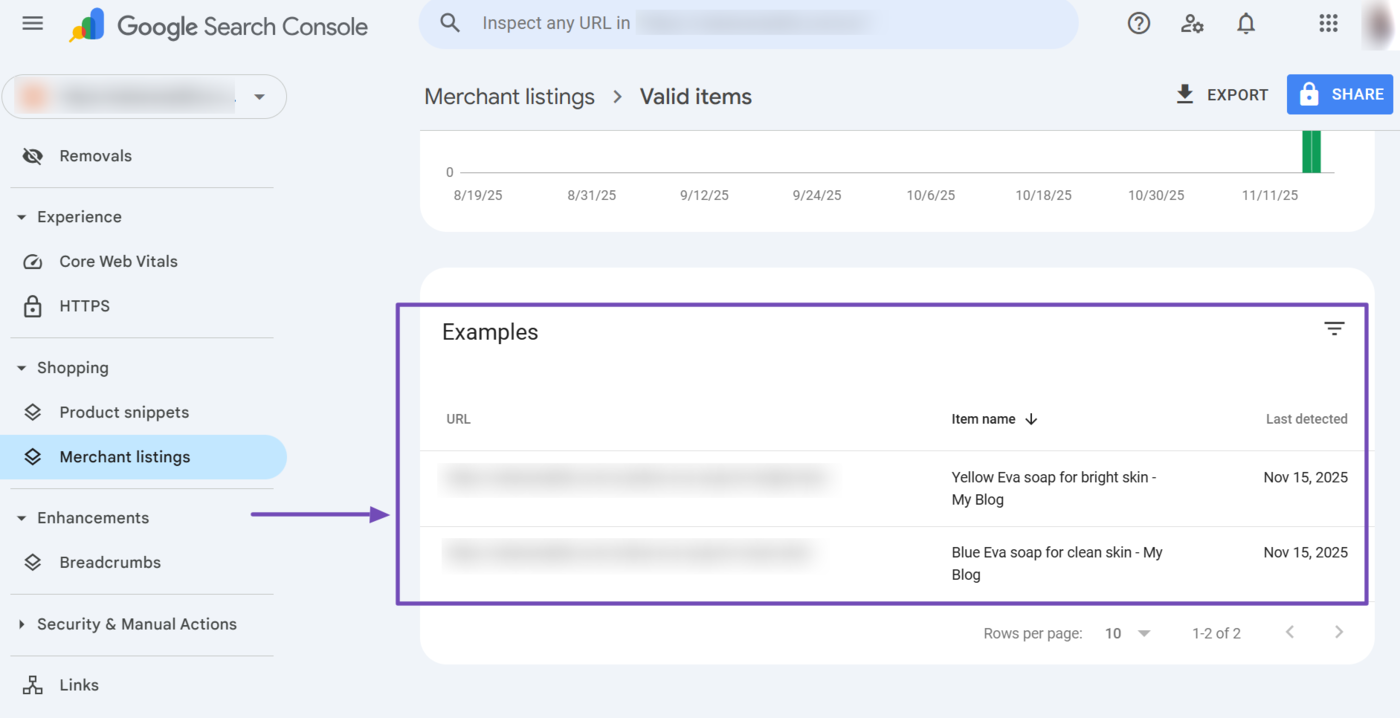 Scroll to the Examples field to view the name and URL of the pages that have valid merchant listings