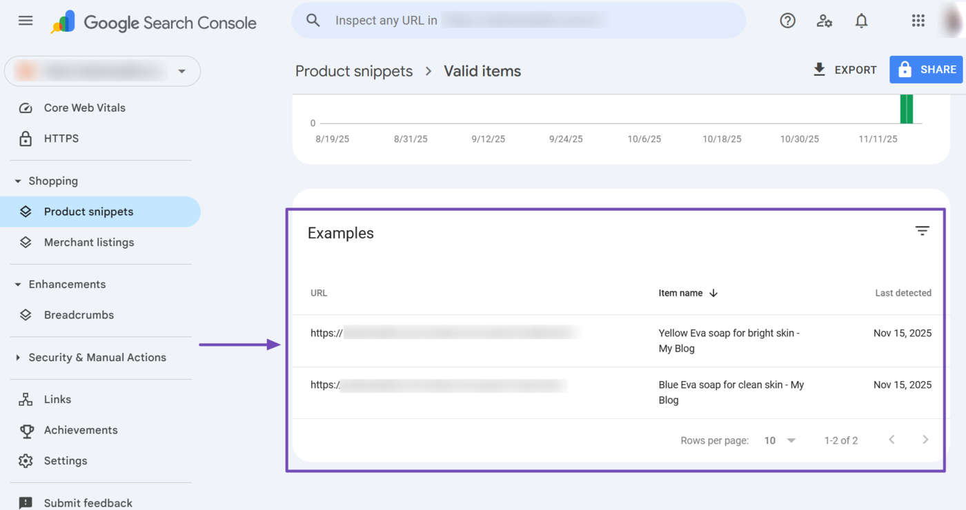 Scroll to the Examples field to view the name and URL of the product that appeared as a rich snippet