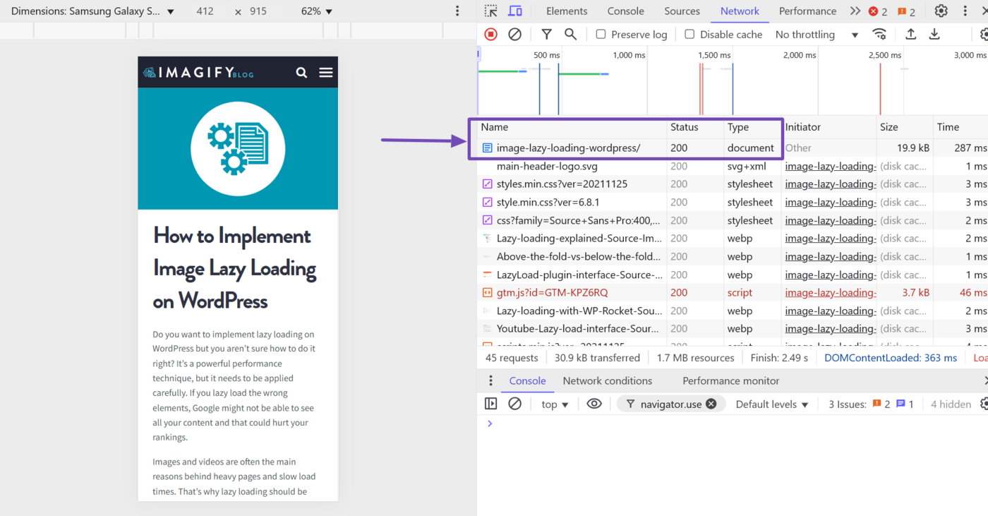 Scroll to the top of the Network tab to view the HTTP status code