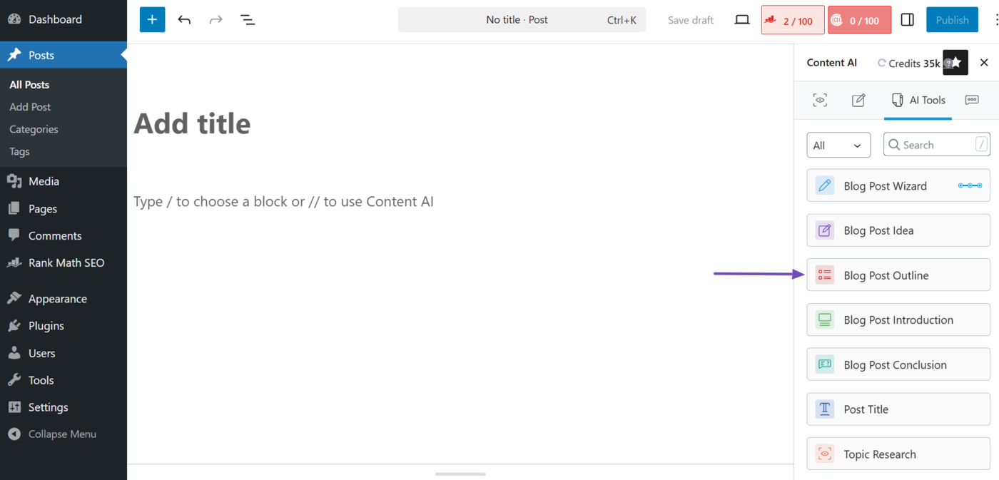 Select the Blog Post Outline AI tool