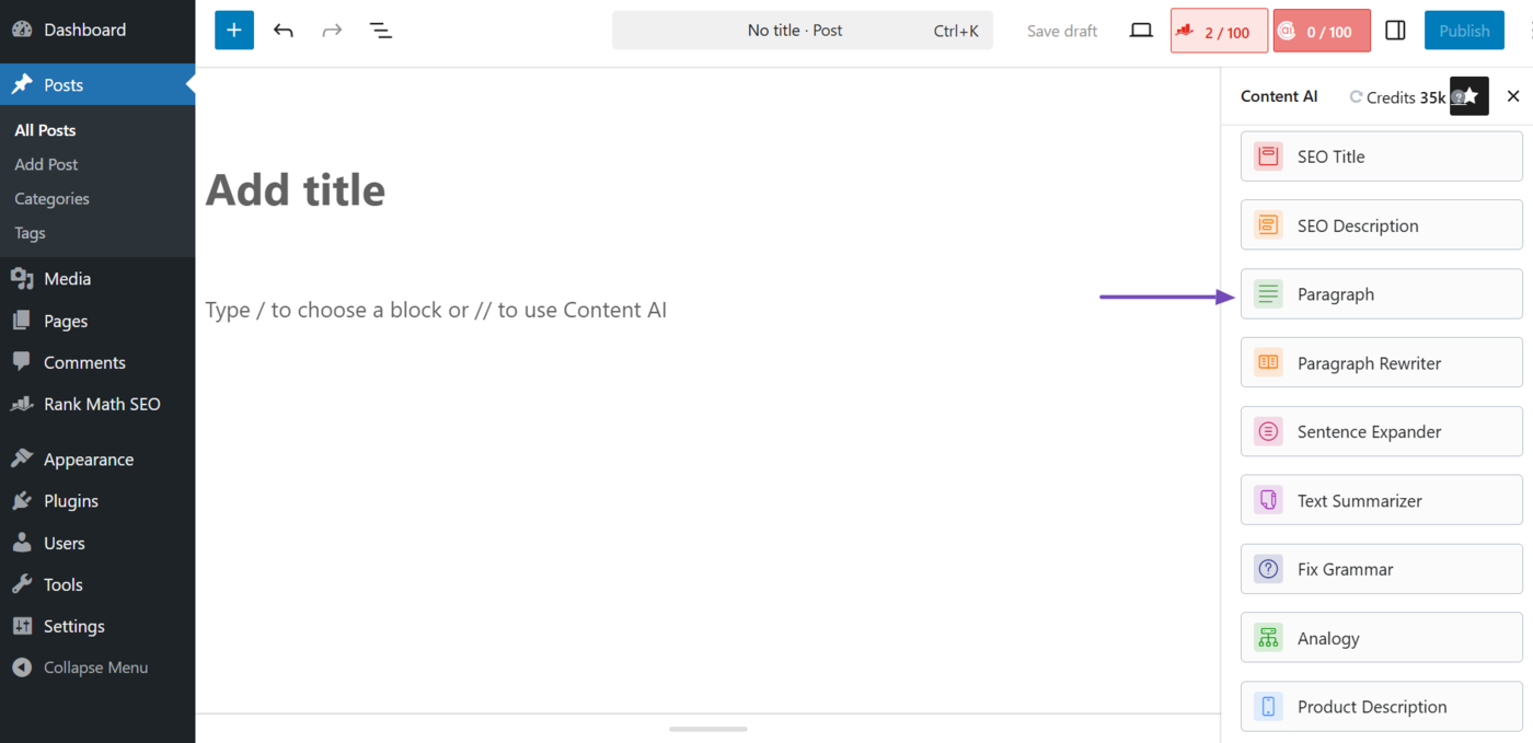 Select the Paragraph AI tool