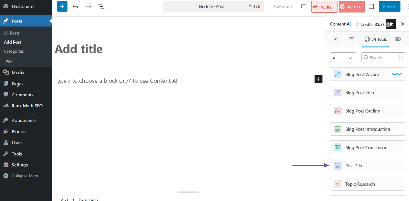 Select the Post Title AI tool