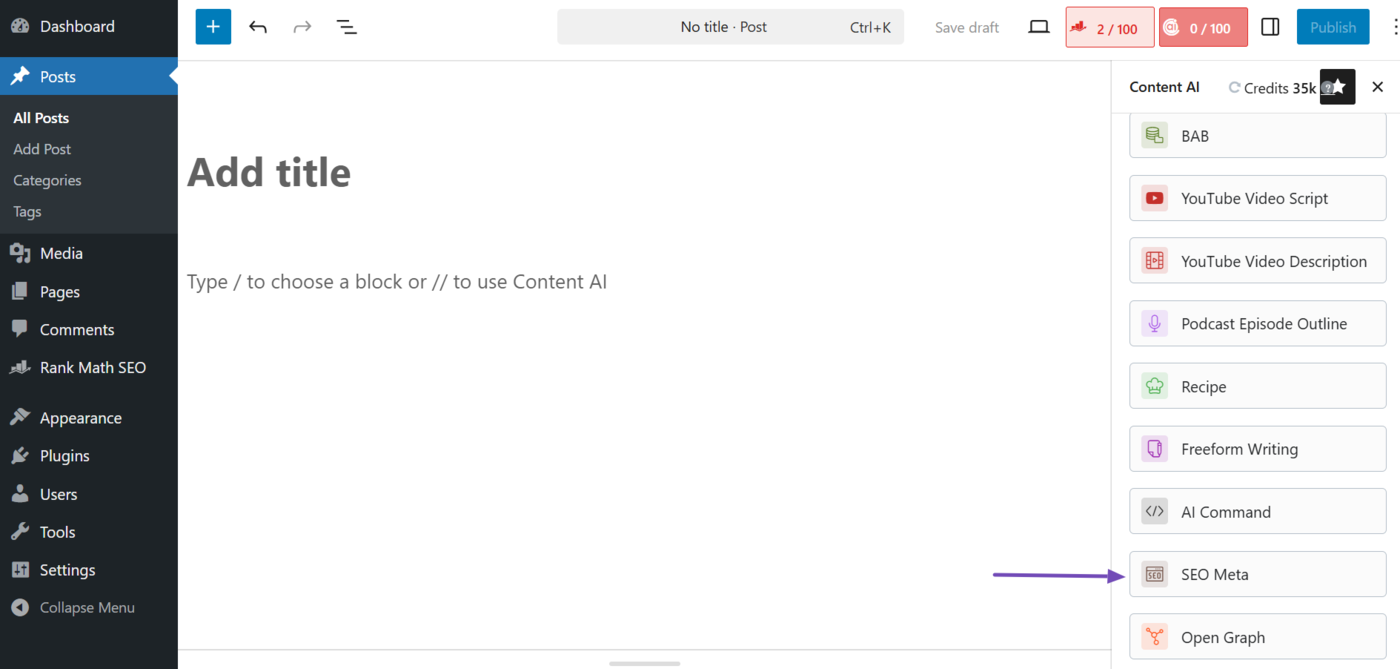 Select the SEO Meta AI tool