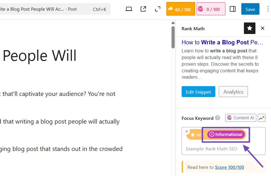 View the search intent in Rank Math