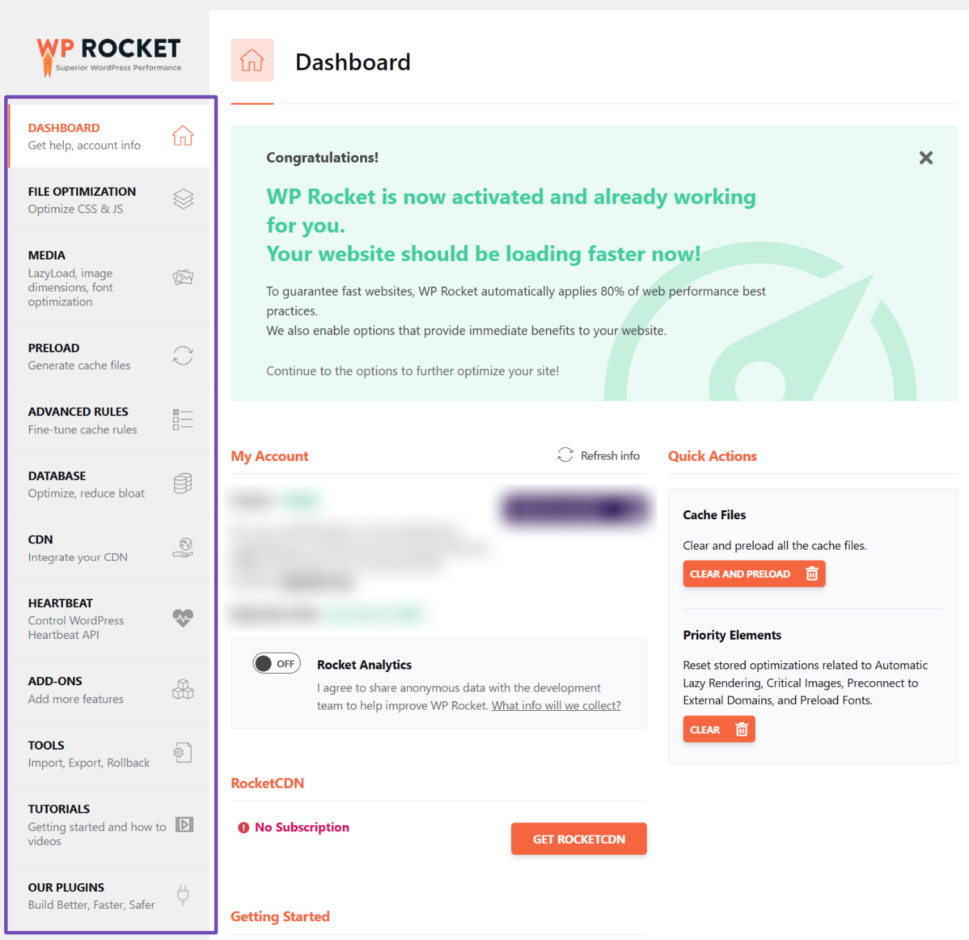 WP Rocket dashboard