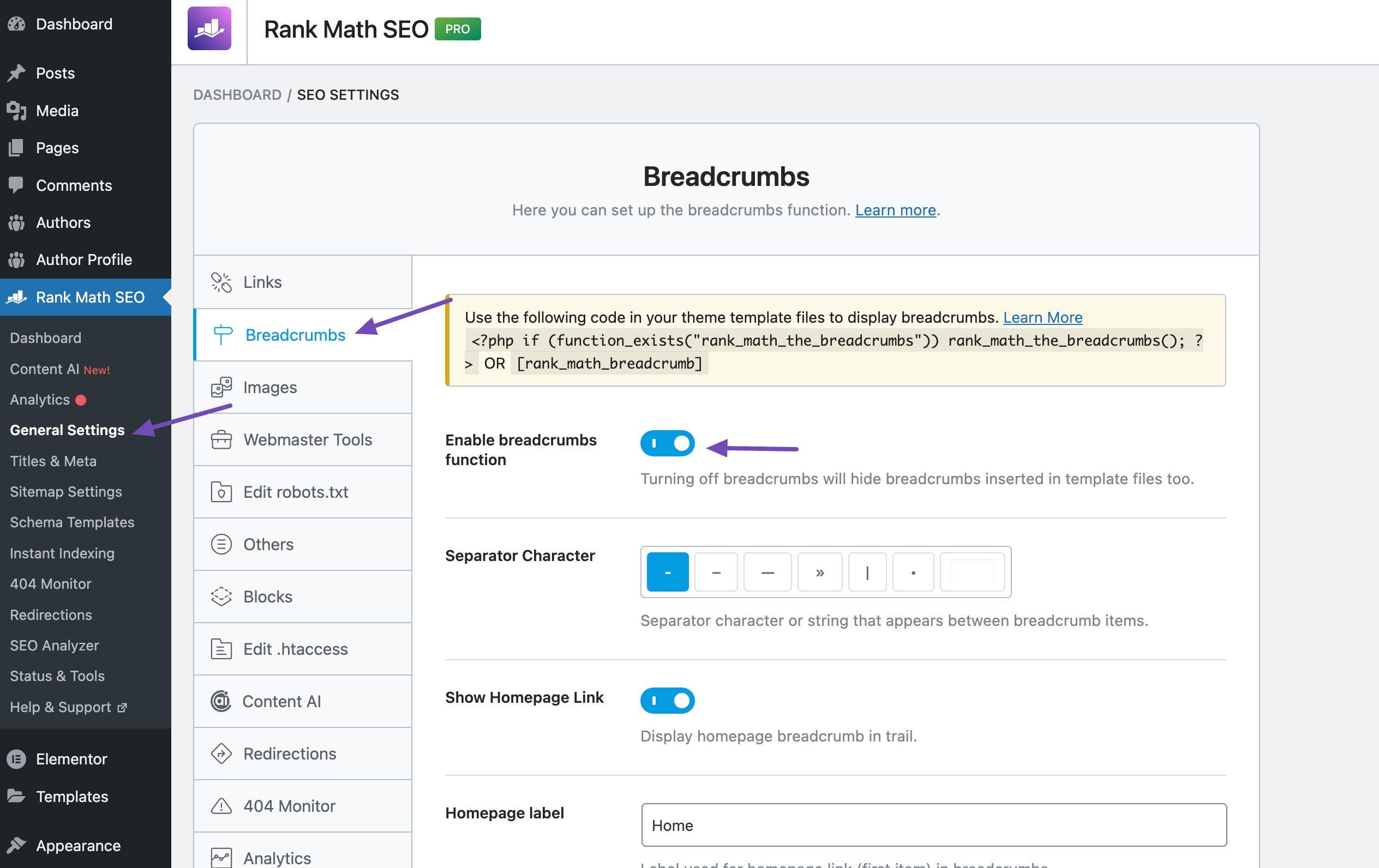 Breadcrumb settings in Rank Math
