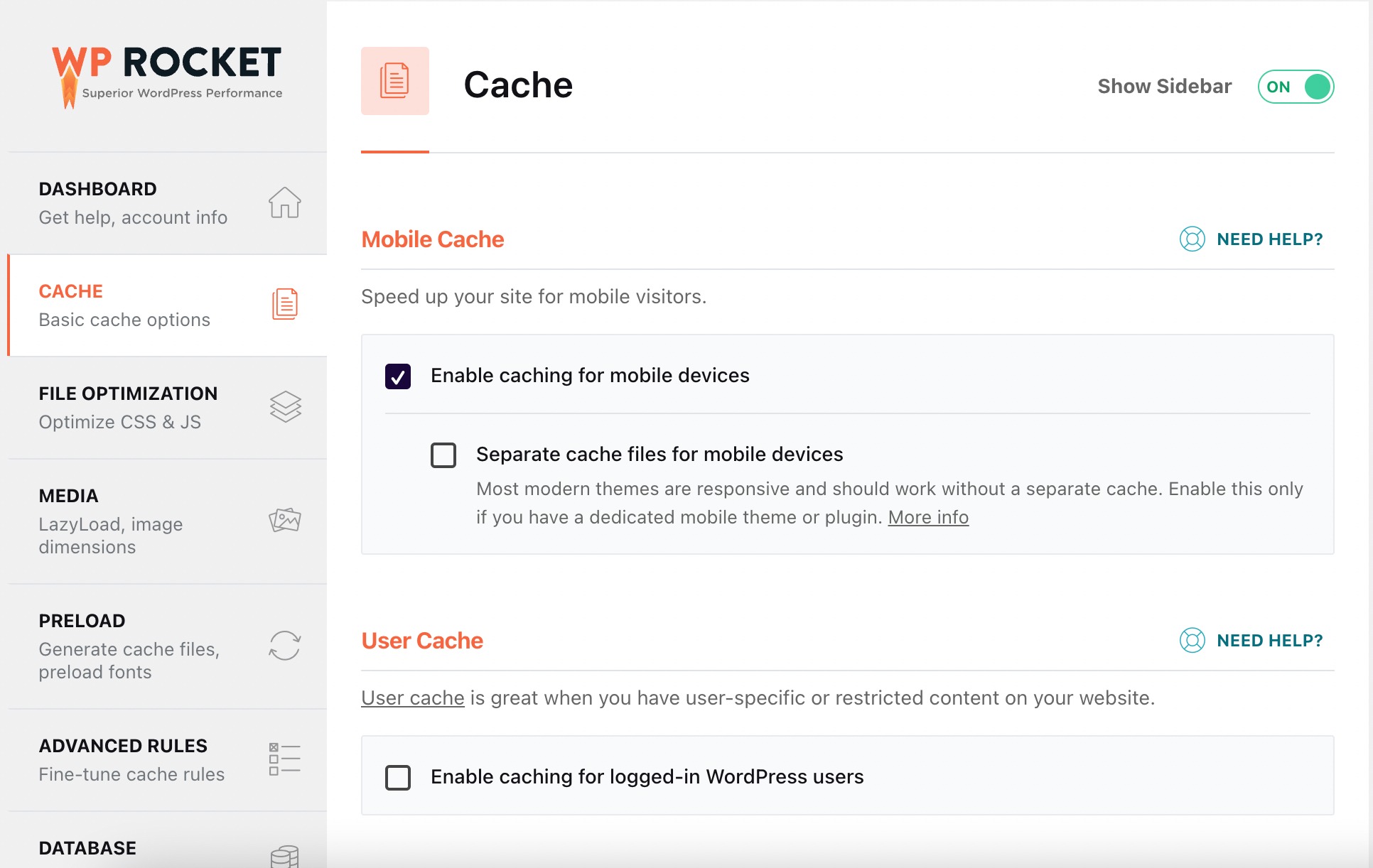 Mobile cache in WP Rocket