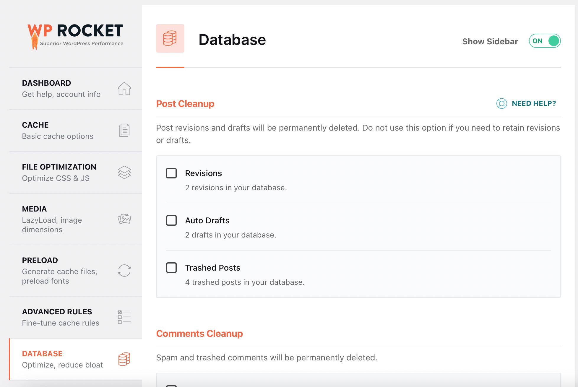 Database settings in WP Rocket