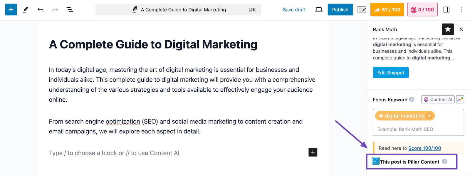 mark post as pillar content in Rank Math