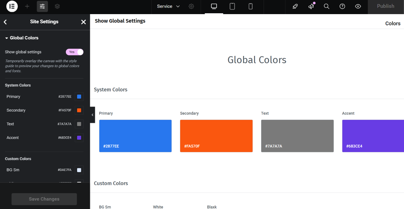 setup global colors in Elementor