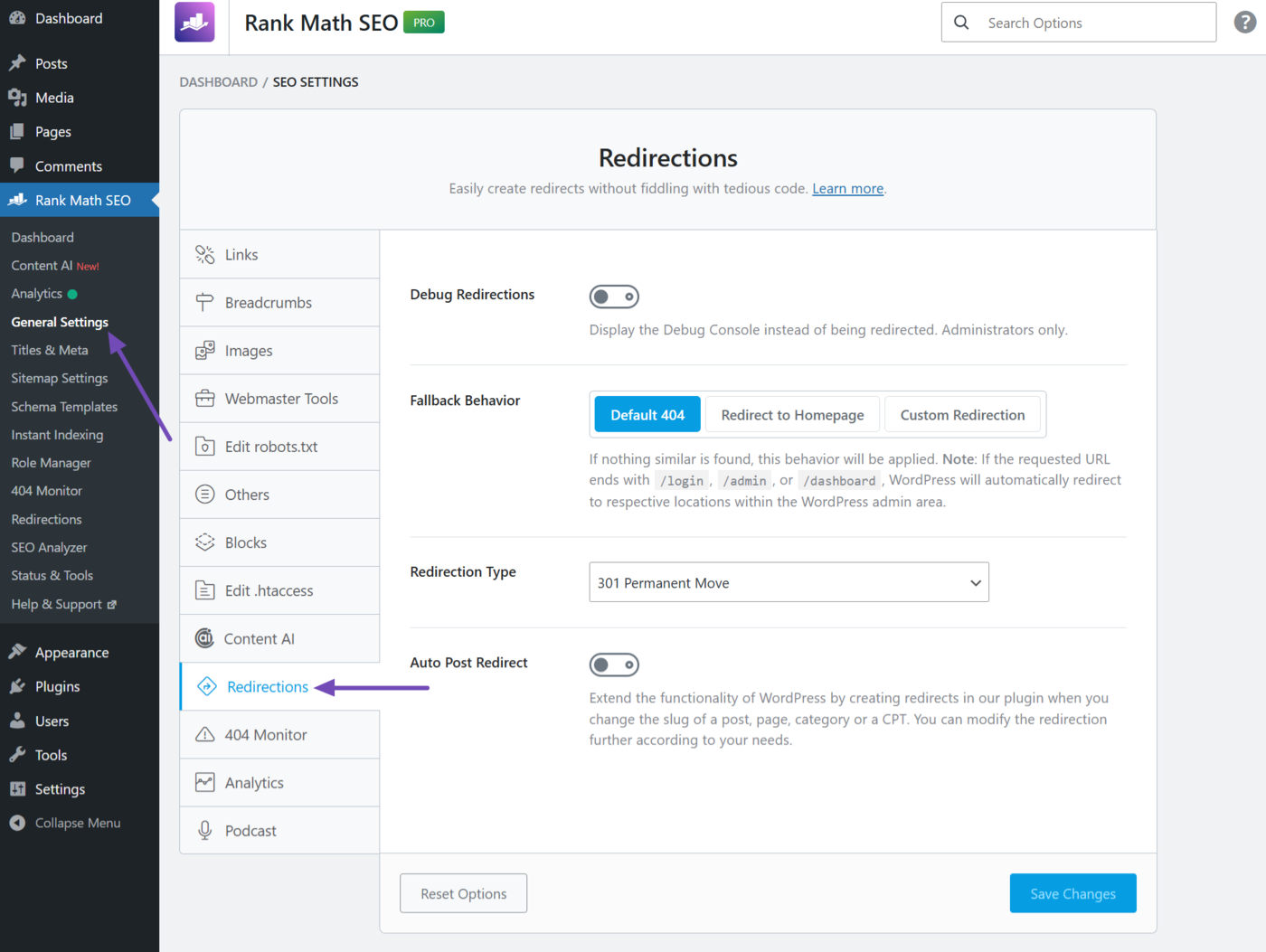 Click General Settings and Redirections to access the redirection options