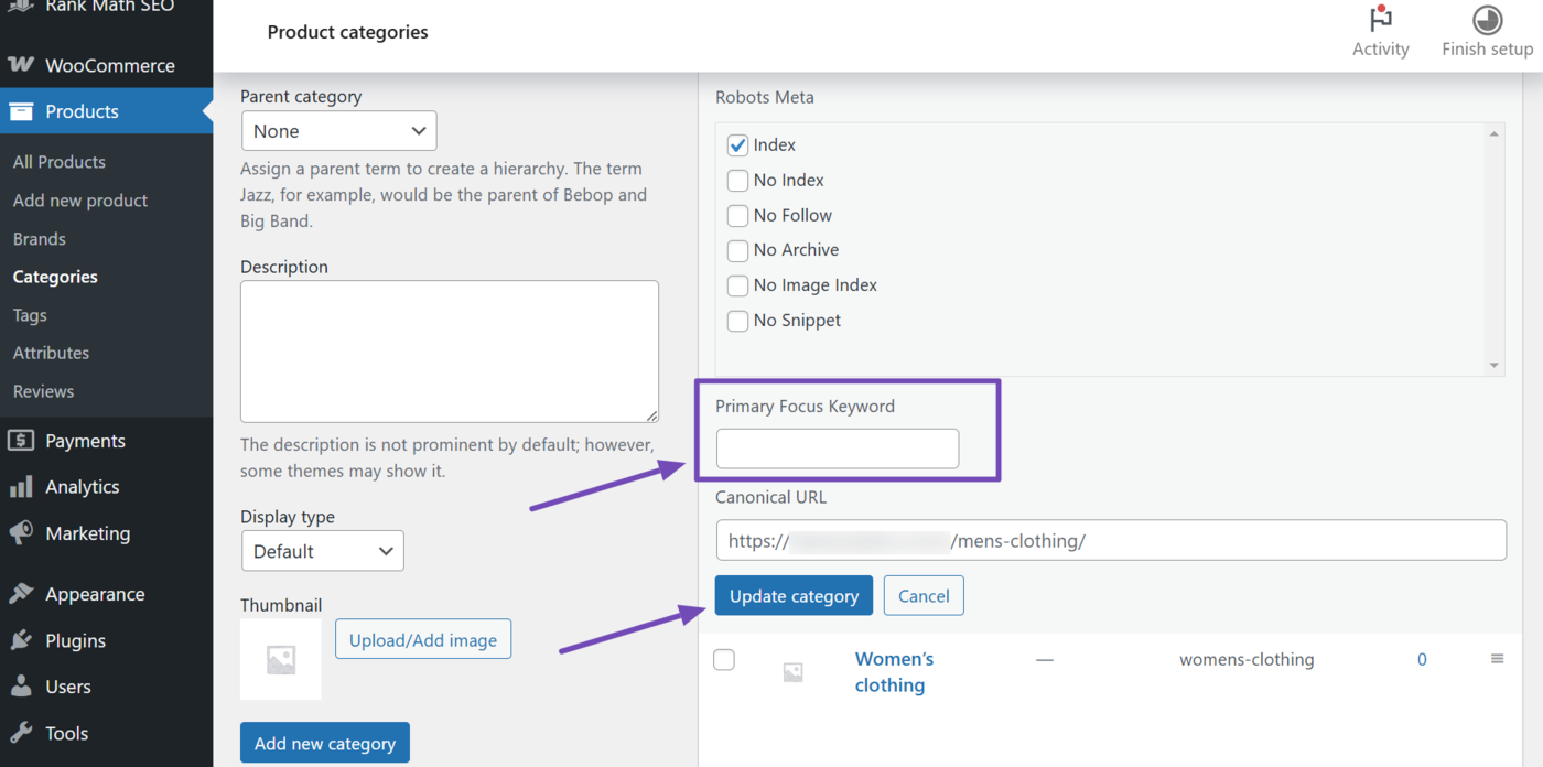 Enter your focus keyword and click Update category