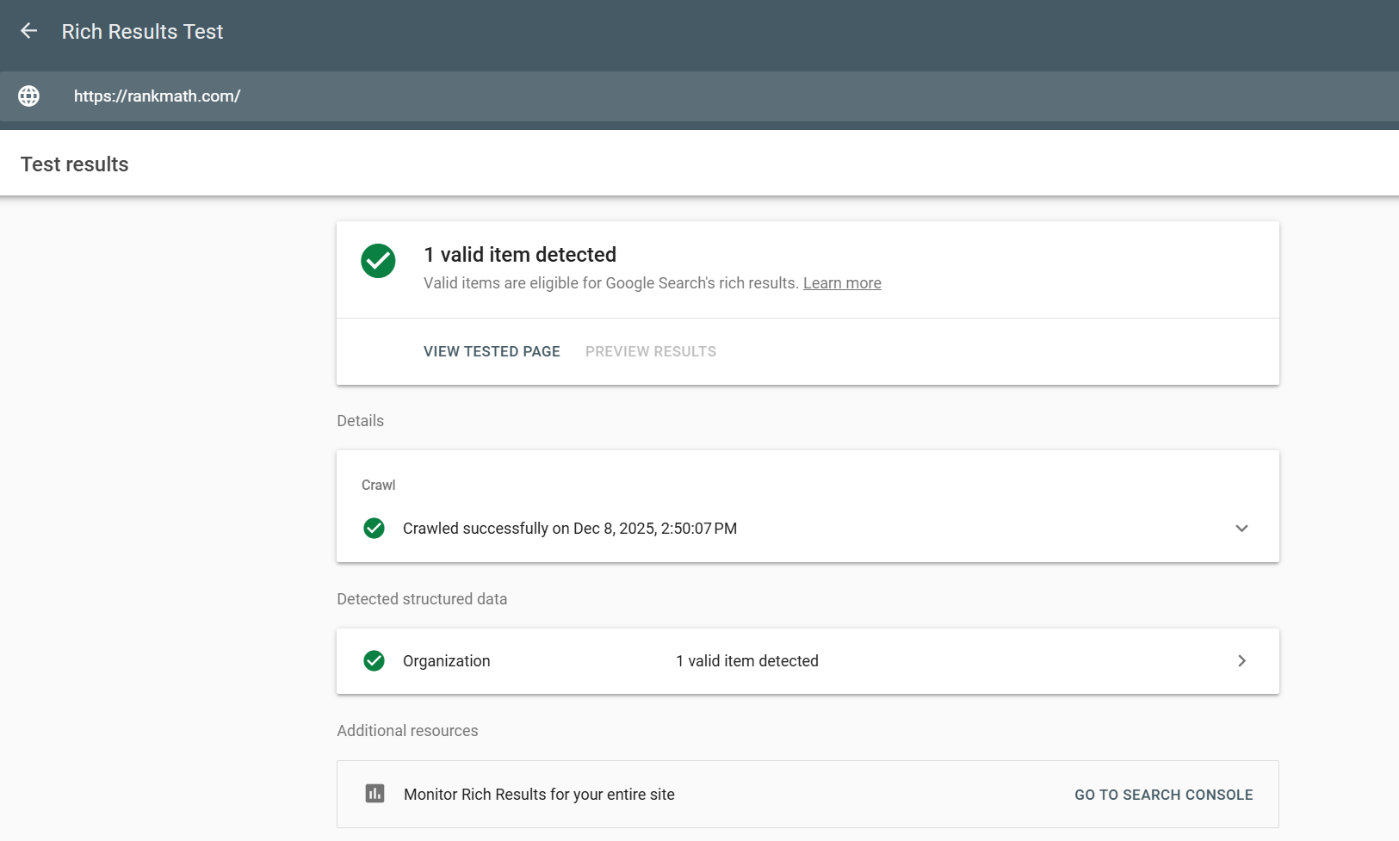 Google’s Rich Results Test results