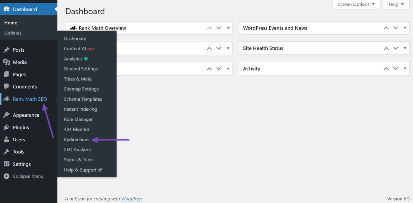 Head to Redirections in Rank Math SEO