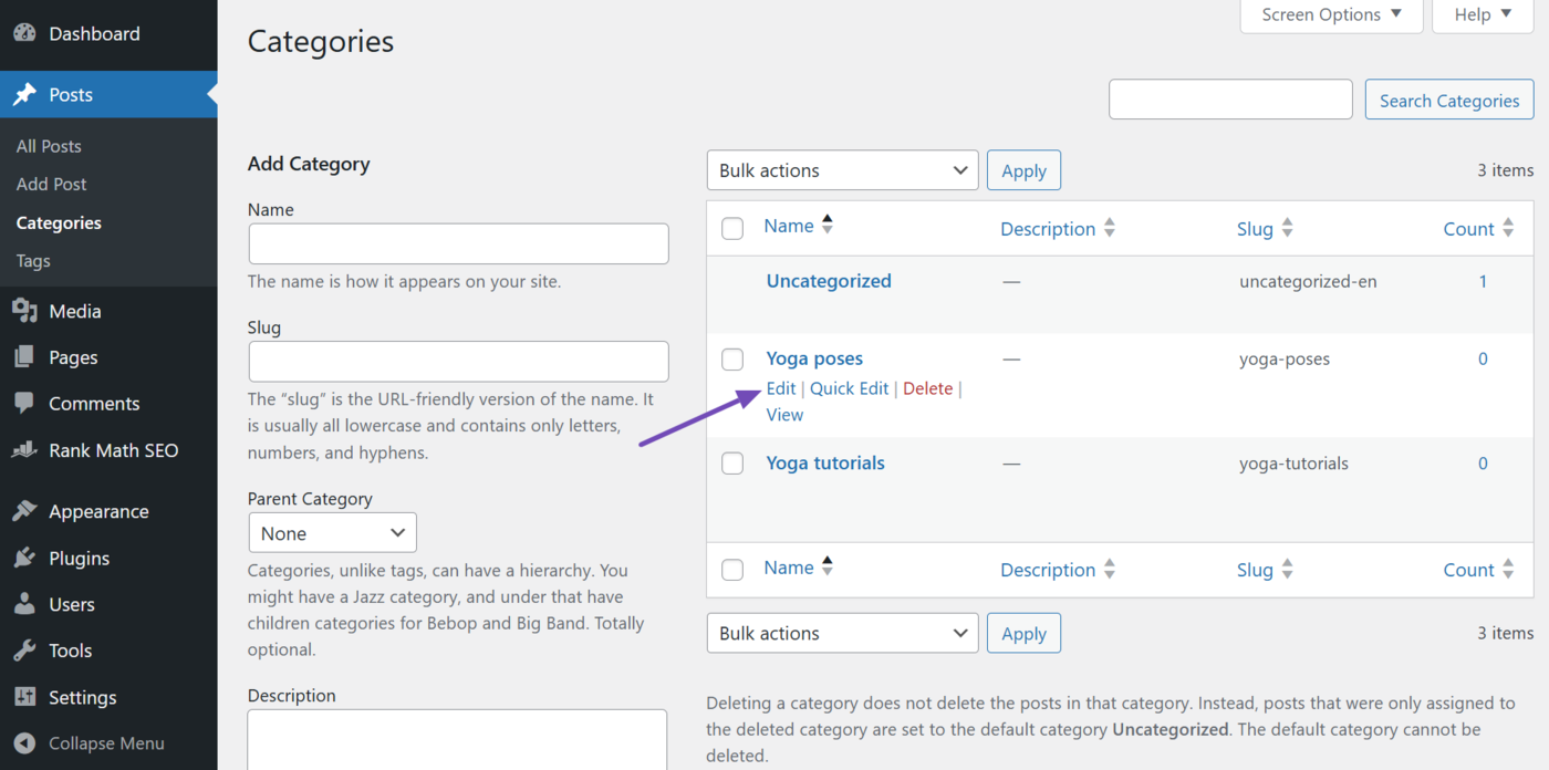 Hover over the category or tag and click Edit