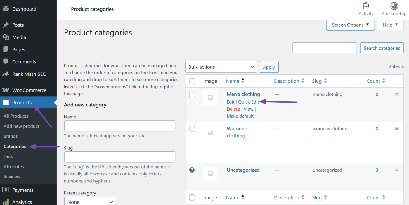 Hover over the category and click Quick Edit