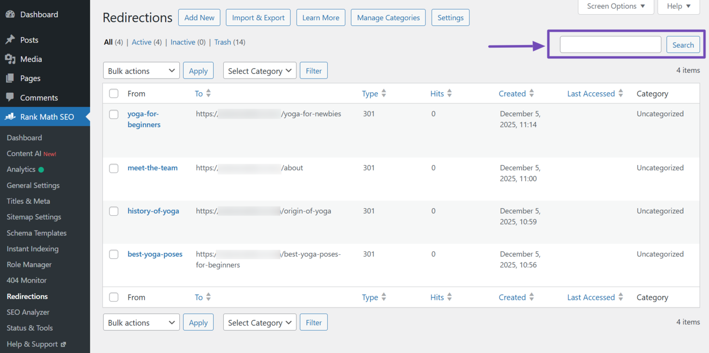 Overview of the redirections in Rank Math
