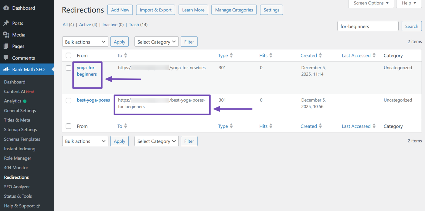 Overview of the redirections returned in Rank Math
