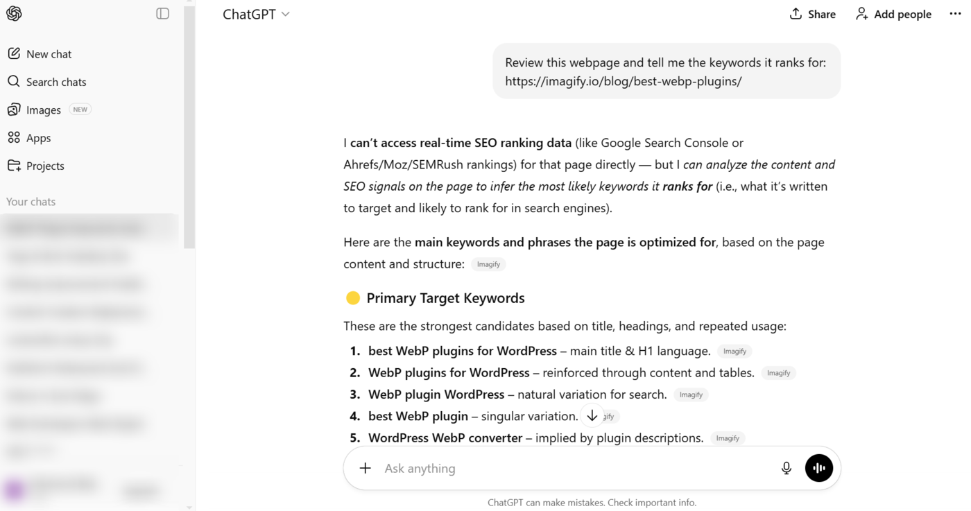 Sample of ChatGPT being used as an SEO tool