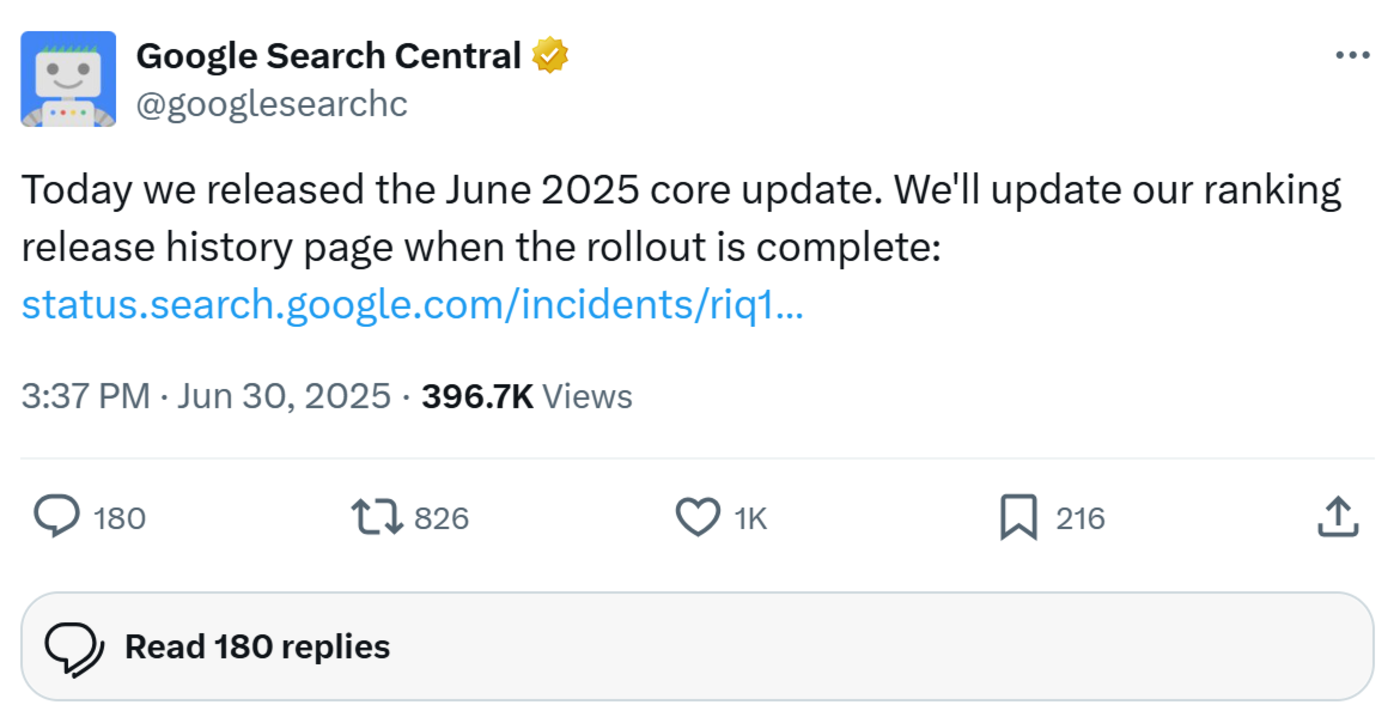 Sample of Google announcing a major update to its core algorithm