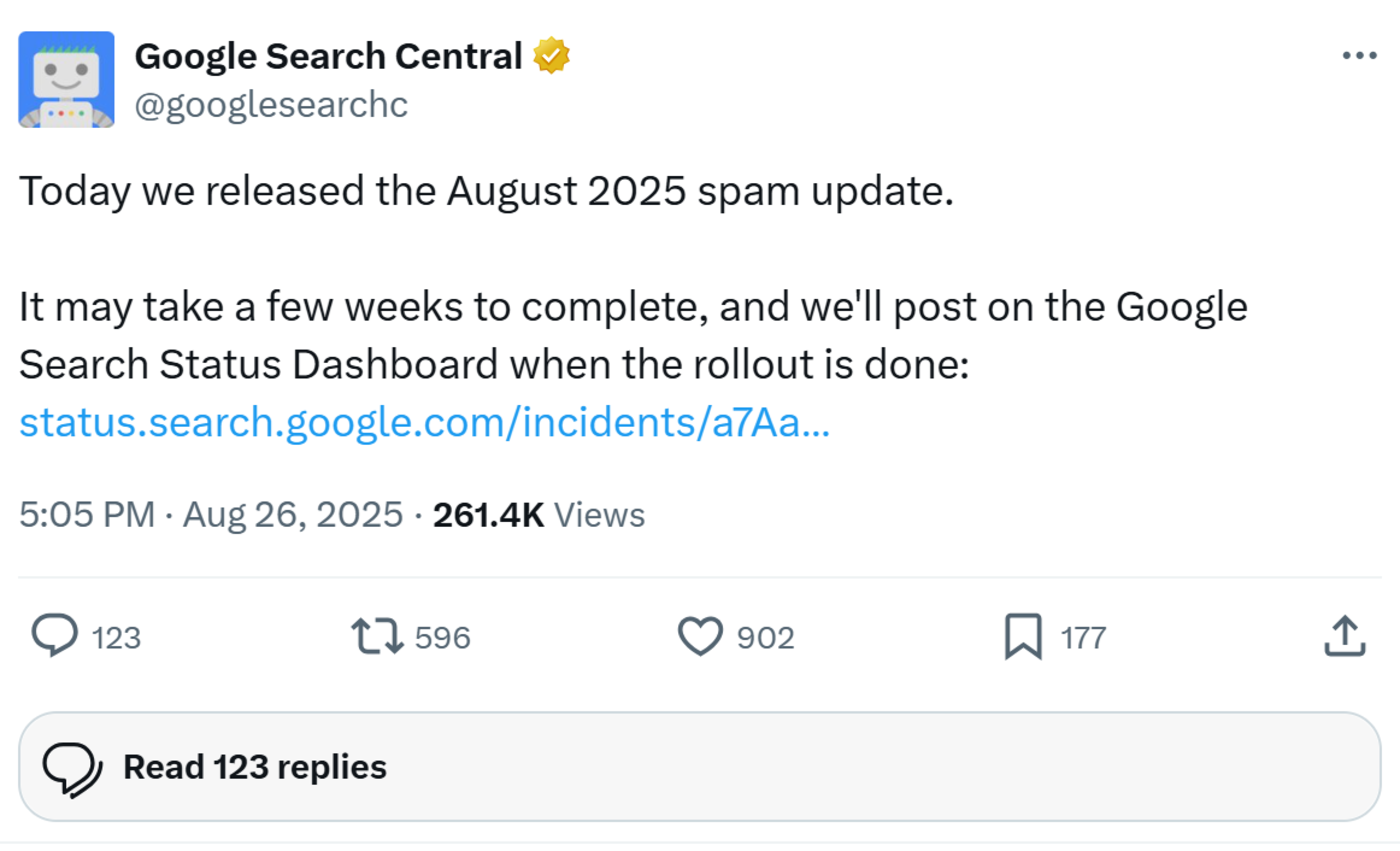 Sample of Google announcing an update to its spam system
