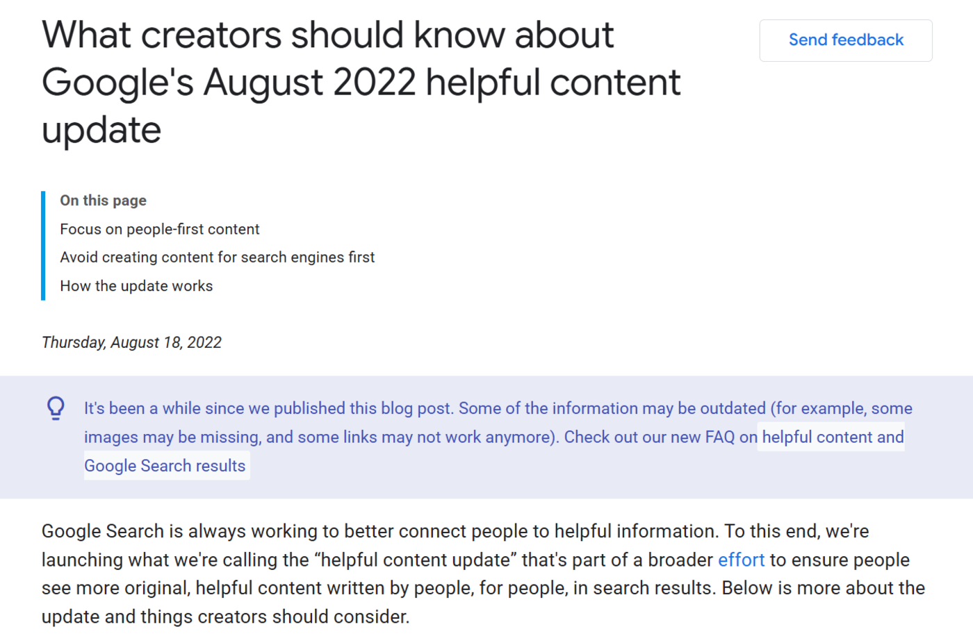 Sample of Google announcing the Helpful Content Update