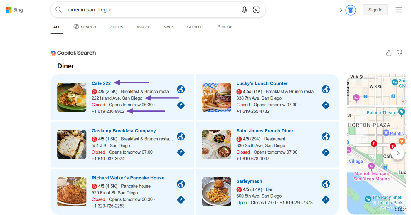 Sample of a local citation on Bing search engine results page