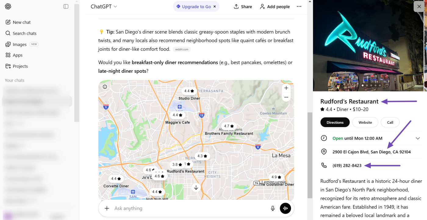 Sample of the name, address, and phone number (NAP) on ChatGPT