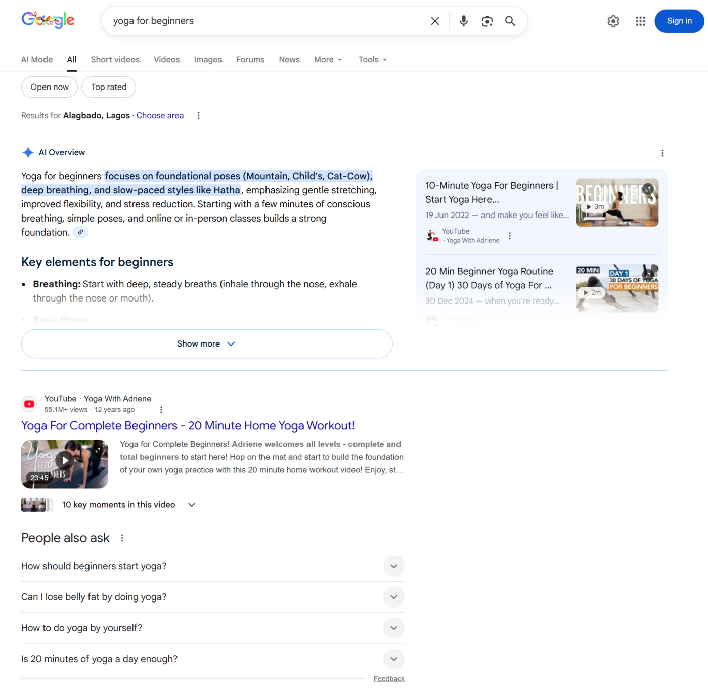 Sample of the Google search engine results page result for a query