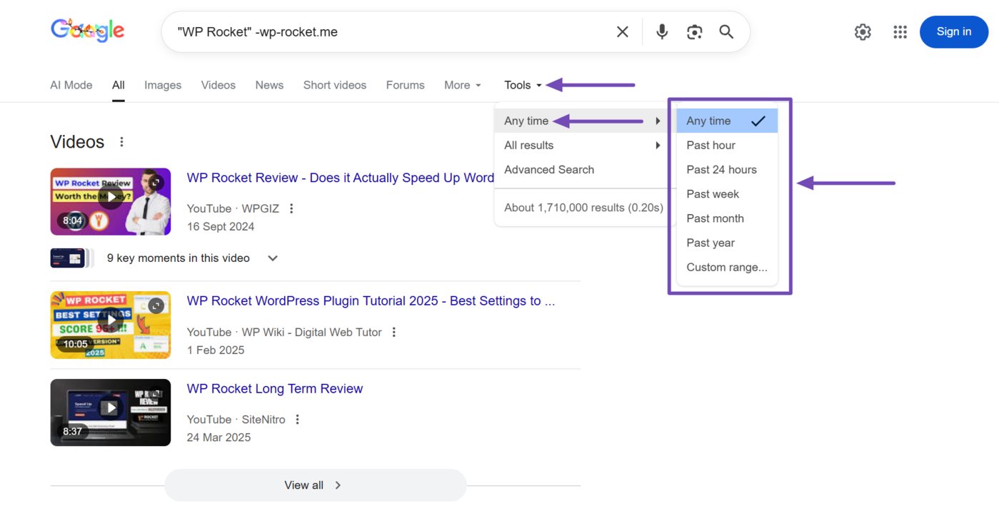 Sample of the Tools dropdown on the search engine results page