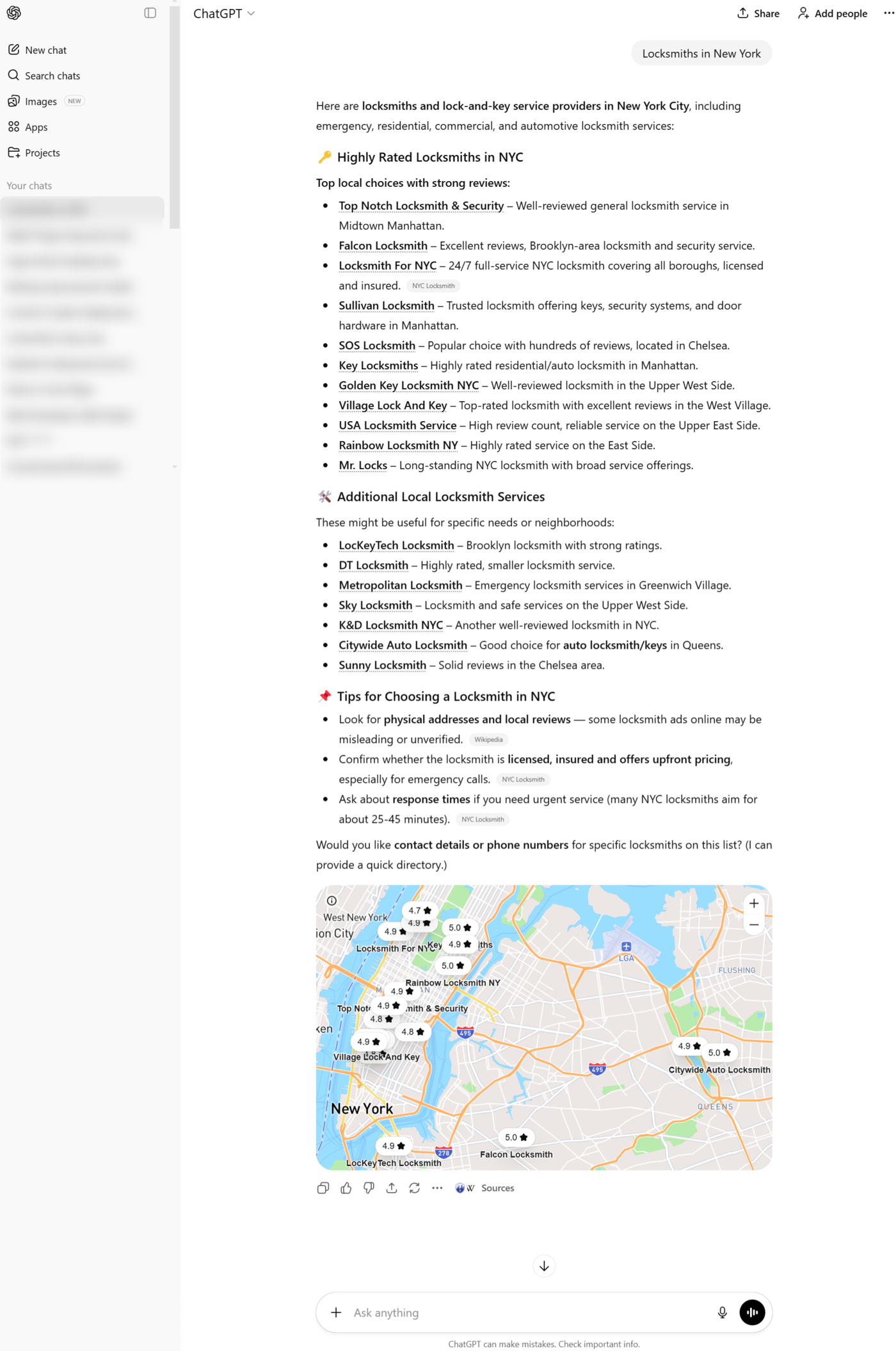 Sample of the local results in ChatGPT