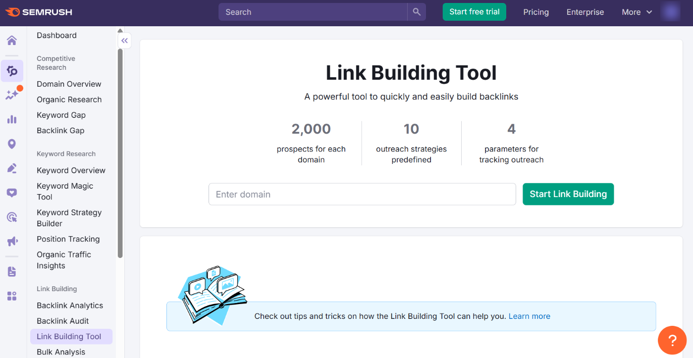 Semrush link building tool