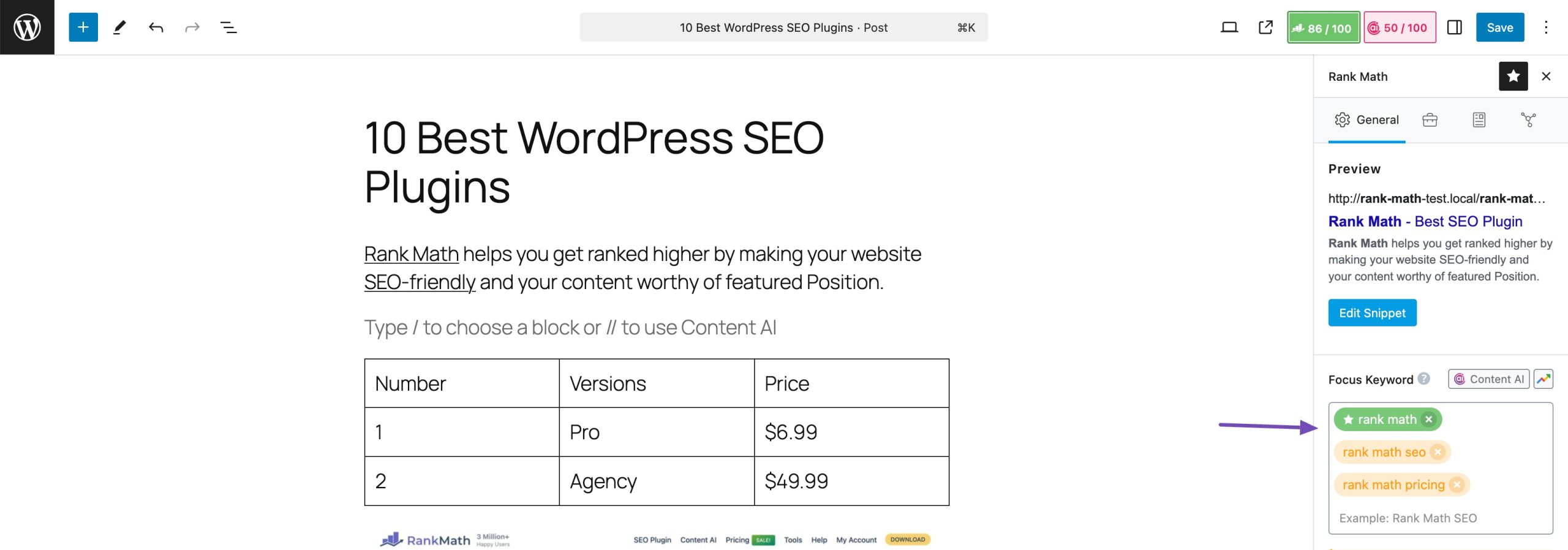 Focus keyword in Rank Math SEO