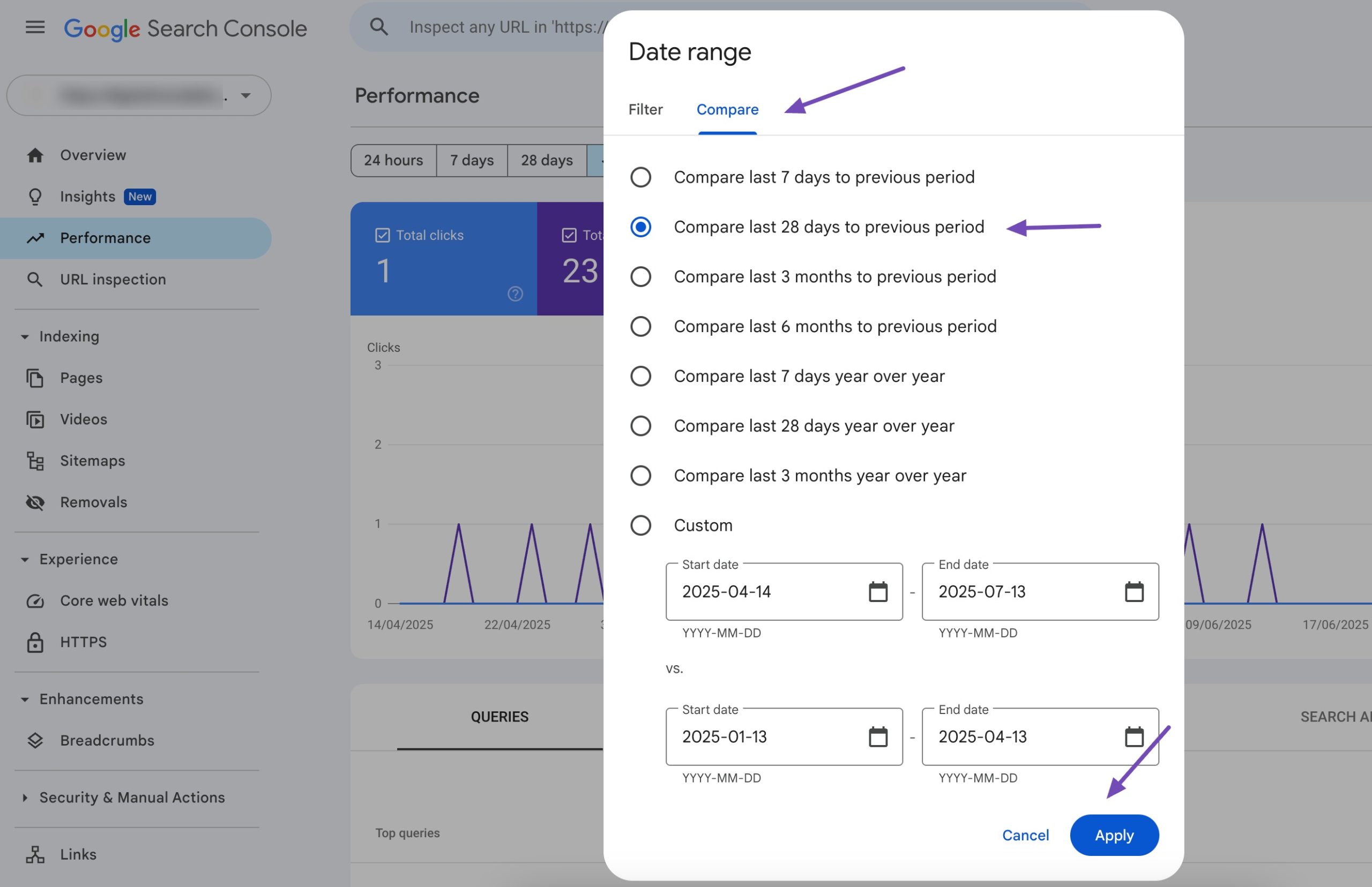 comparison feature in Google Search Console