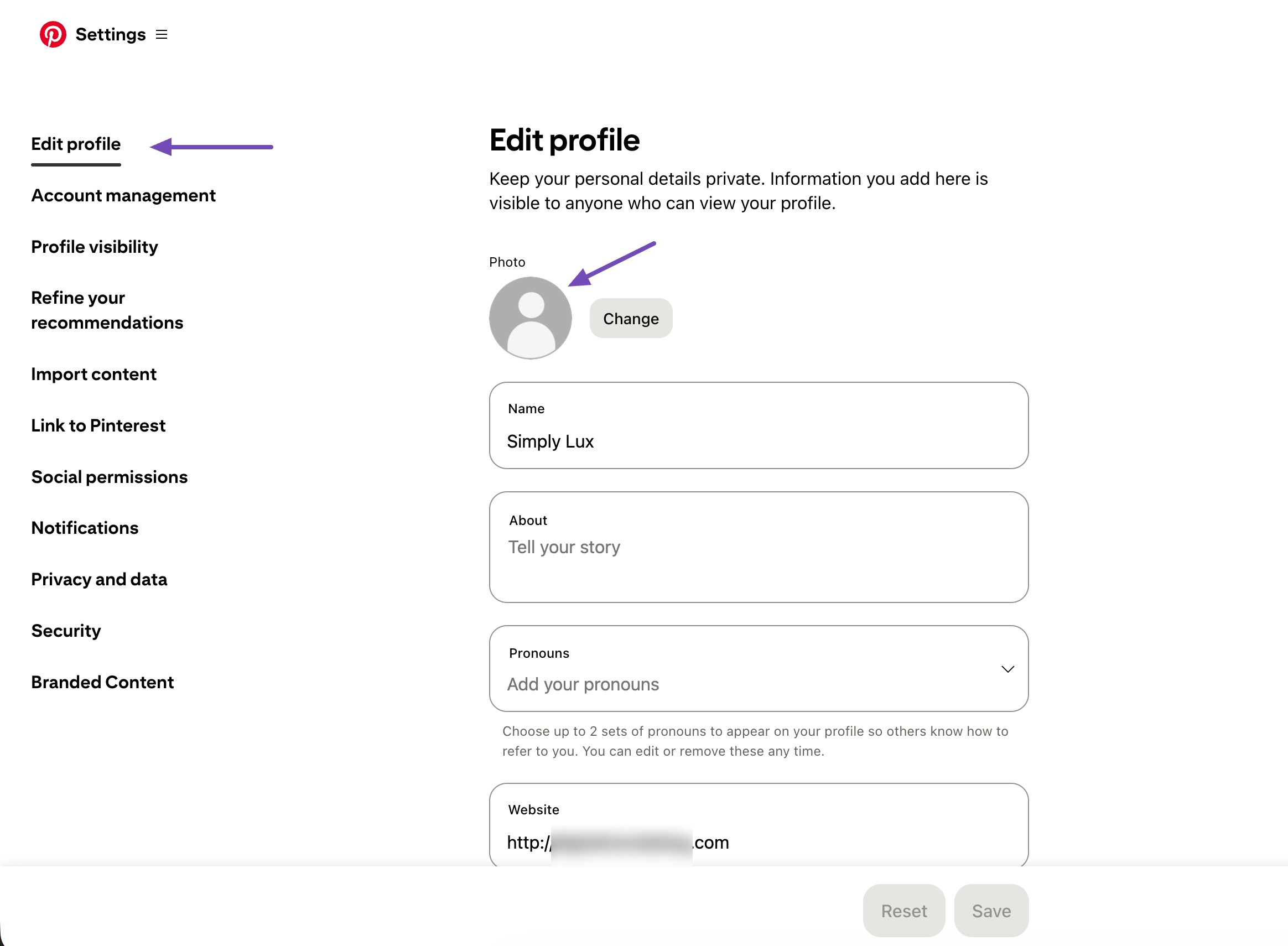 Edit profile in Pinterest