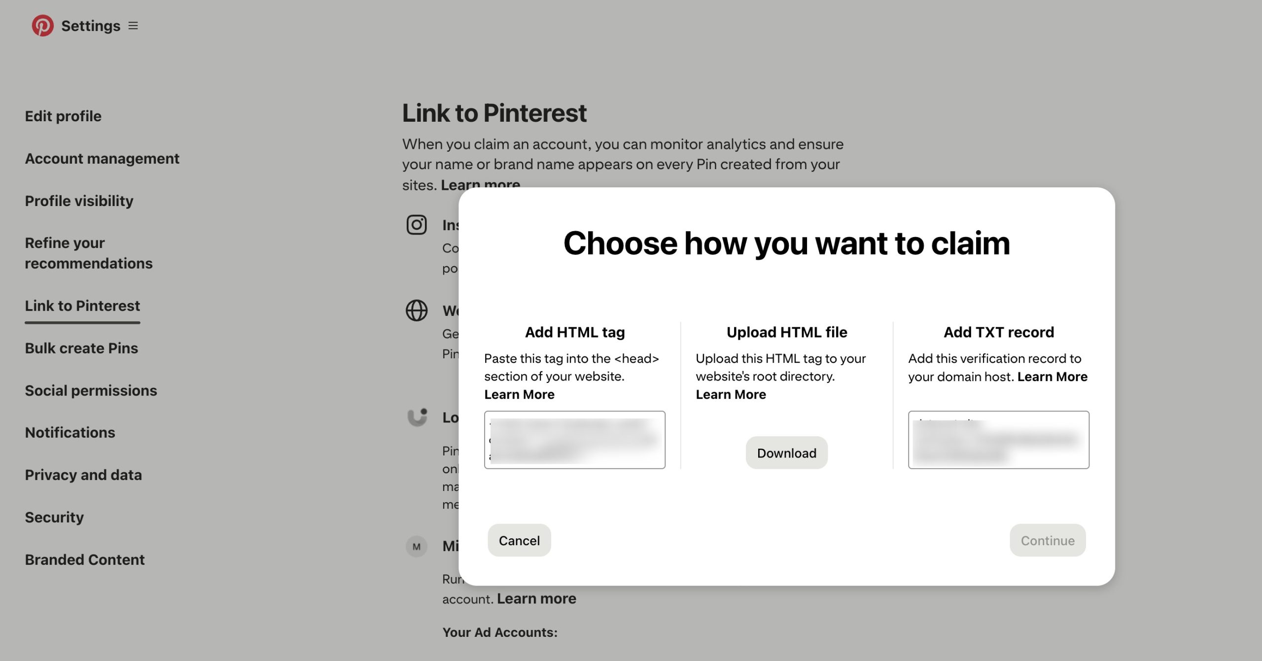 Website claim on Pinterest