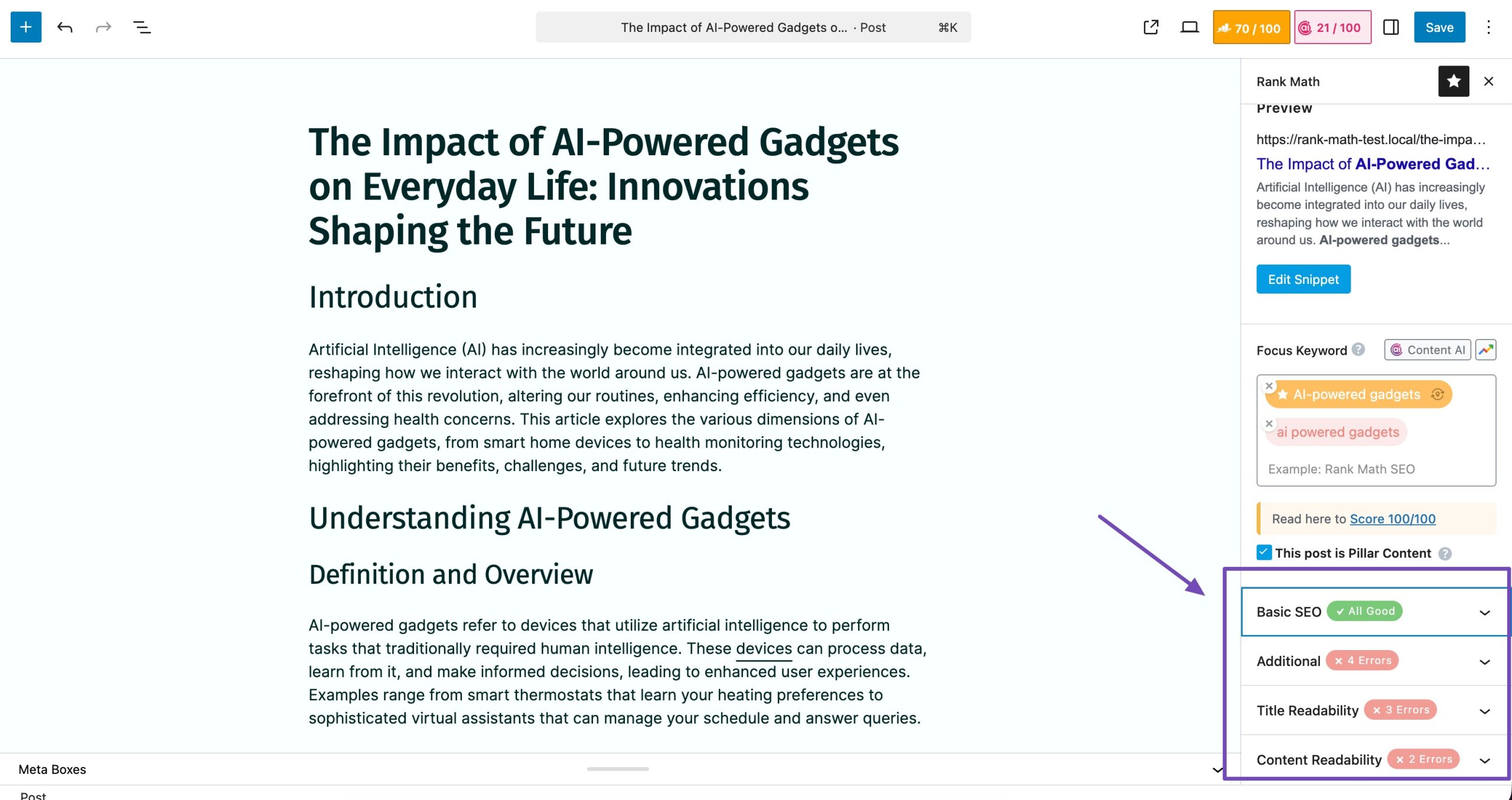 SEO tests in Rank Math