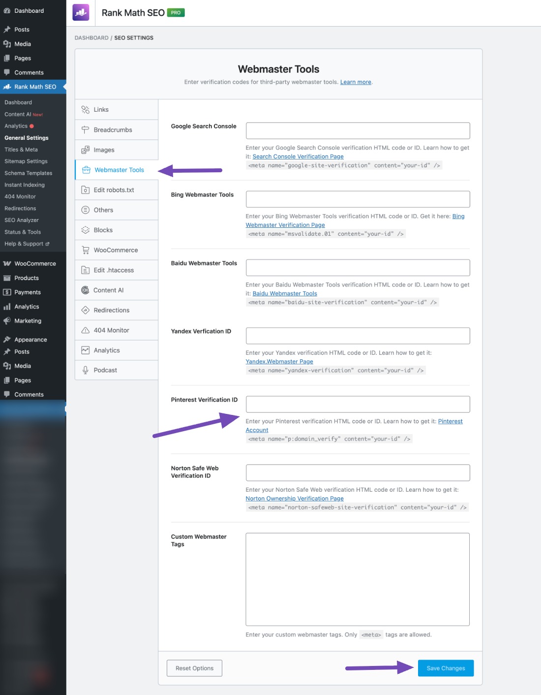 Webmaster tools in Rank Math